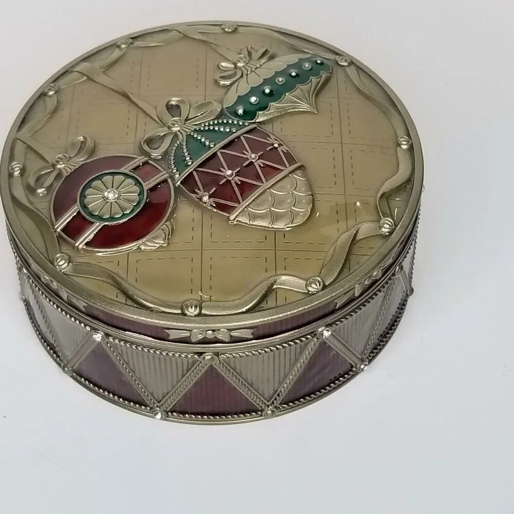 Mirrored Jewelry Box Christmas Red Gold Ornaments Black Velvet Enamel